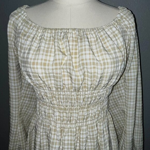 LEYDEN Smocked Boho Mini Peasant Prairie Beige & White Plaid Dress - NWT - L - Picture 11 of 16